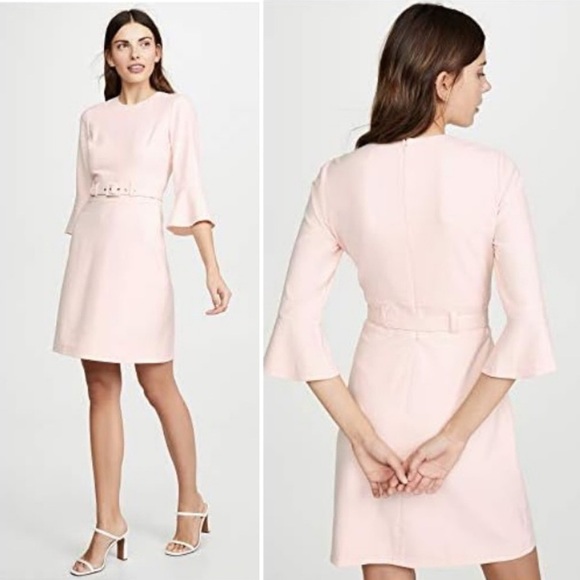 SHOSHANNA ODILA PETAL PINK CREPE FLARE SLEEVE BELTED DRESS SIZE 6 - Picture 3 of 16